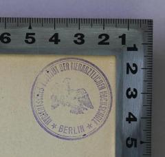 - (Hygienisches Institut der Tierärztlichen Hochschule Berlin;Tierärztliche Hochschule Berlin), Stempel: Name, Berufsangabe/Titel/Branche, Ortsangabe, Emblem; 'Hygienisches Institut der Tierärztlichen Hochschule Berlin'.  (Prototyp)