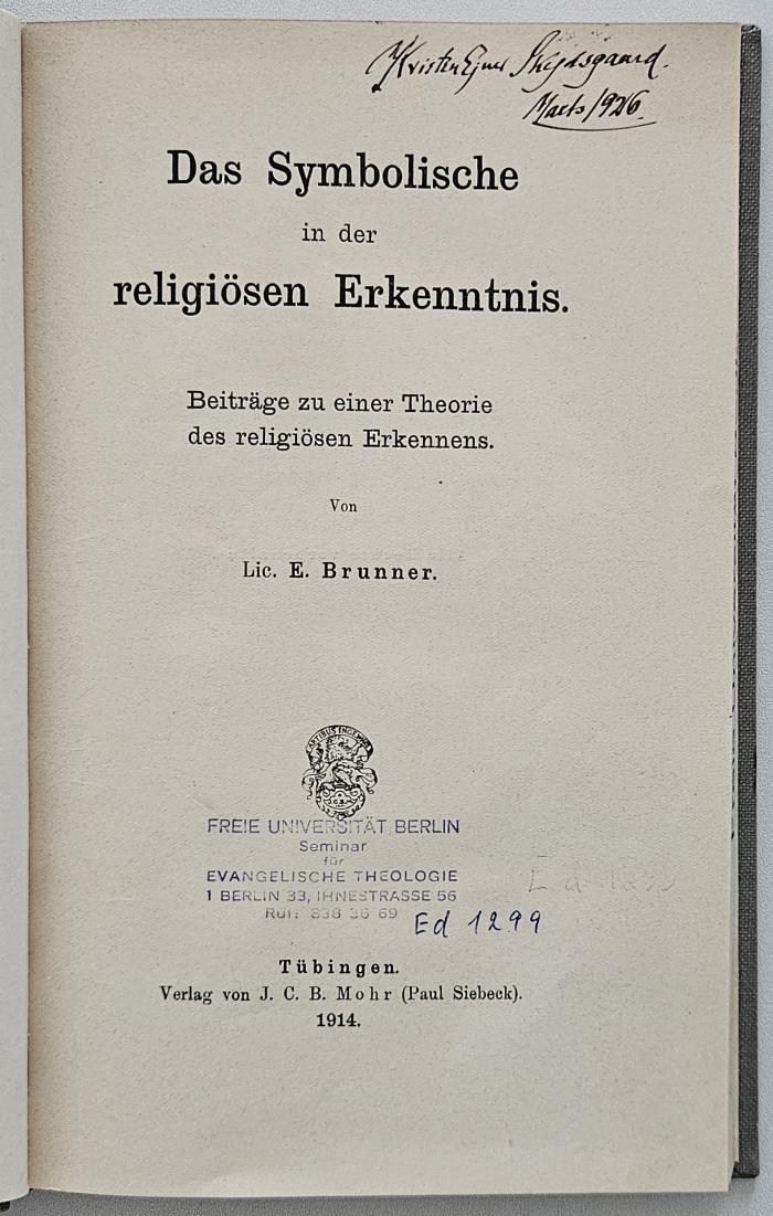 BH 2215 S980 : Das Symbolische in der religiösen Erkenntnis (1914)