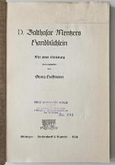 BU 1330 M549 M2D : Balthasar Mentzers Handbüchlein (1938)