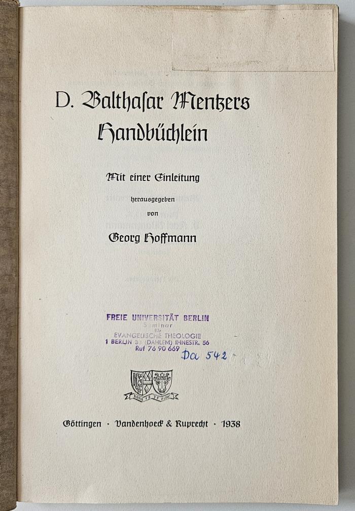 BU 1330 M549 M2D : Balthasar Mentzers Handbüchlein (1938)
