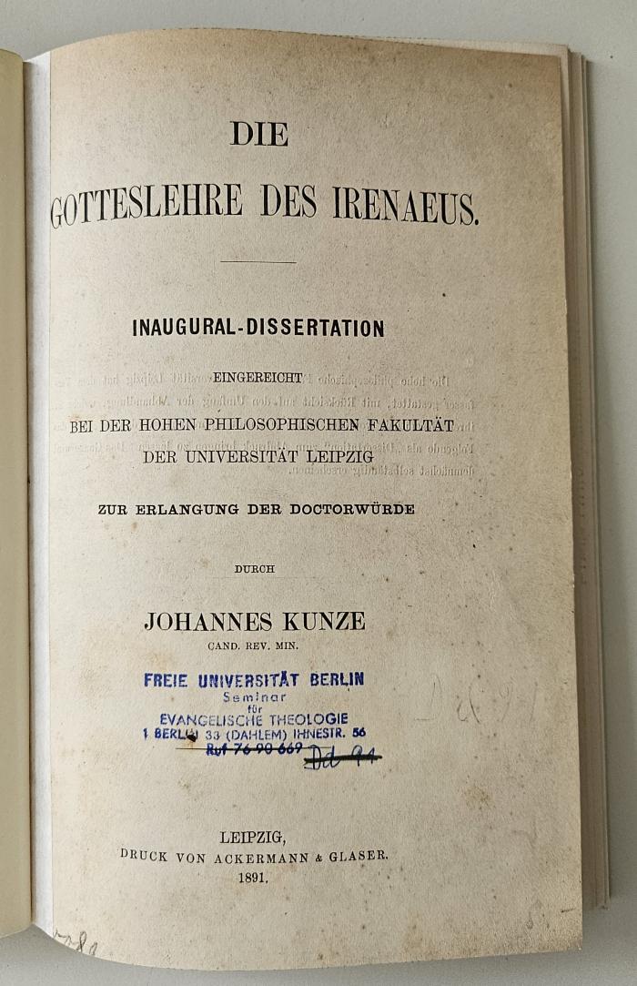 FH 67303 K96 : Die Gotteslehre des Irenäus (1891)