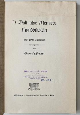 BU 1330 M549 M2D : Balthasar Mentzers Handbüchlein (1938)
