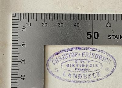 FH 67303 K96 : Die Gotteslehre des Irenäus (1891);- (Landbeck, Christof Friedrich), Stempel: Name, Ortsangabe; 'Christof Friedrich Landbeck […] Bietigheim […]'.  (Prototyp)