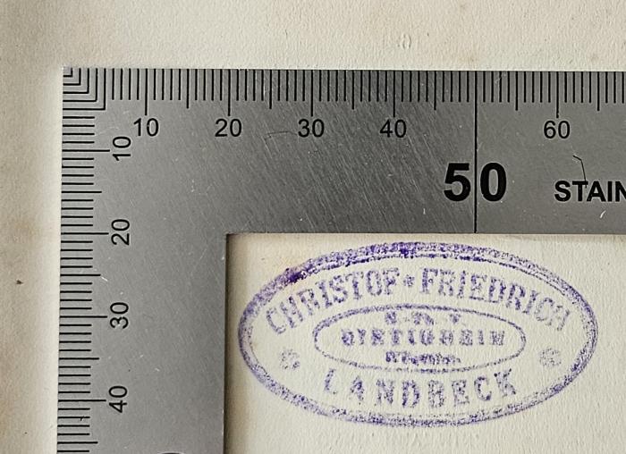 FH 67303 K96 : Die Gotteslehre des Irenäus (1891);- (Landbeck, Christof Friedrich), Stempel: Name, Ortsangabe; 'Christof Friedrich Landbeck […] Bietigheim […]'.  (Prototyp)