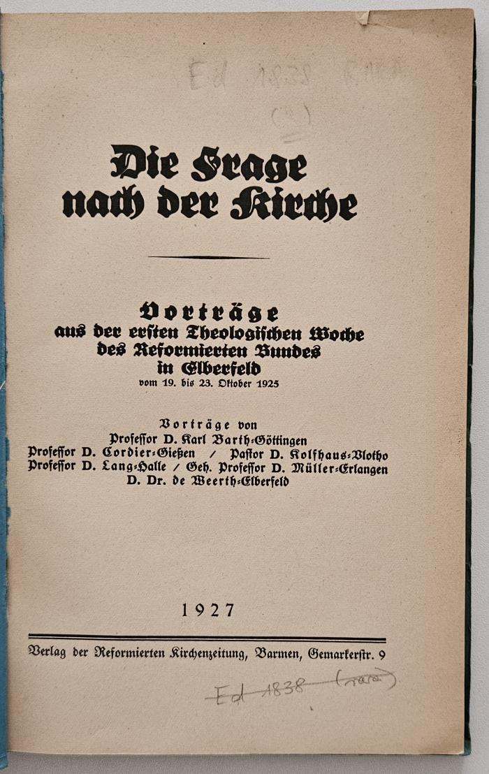 BH 2880 T391.1925 : Die Frage nach der Kirche (1927)