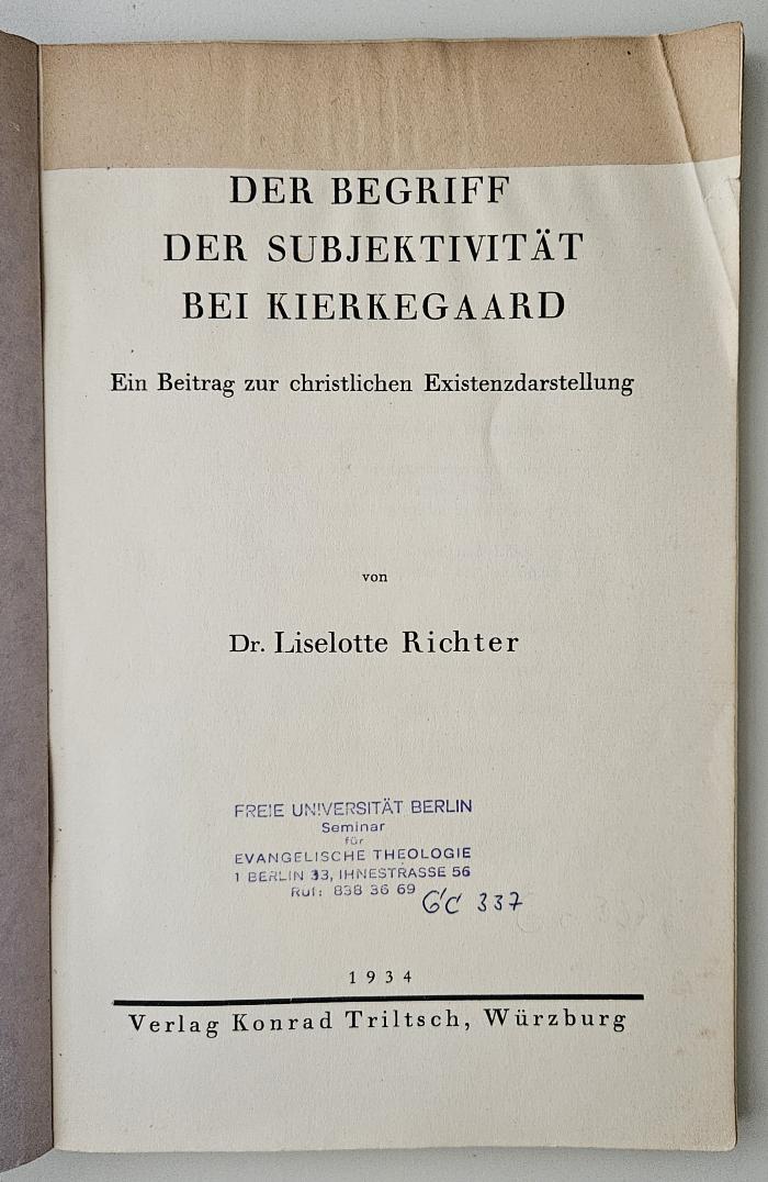 CH 8517 R535 : Der Begriff der Subjektivität bei Kierkegaard (1934)