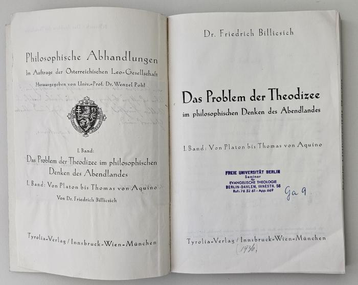 BN 3150 B598-1 : Das Problem der Theodizee im philosophischen Denken des Abendlandes (1936)