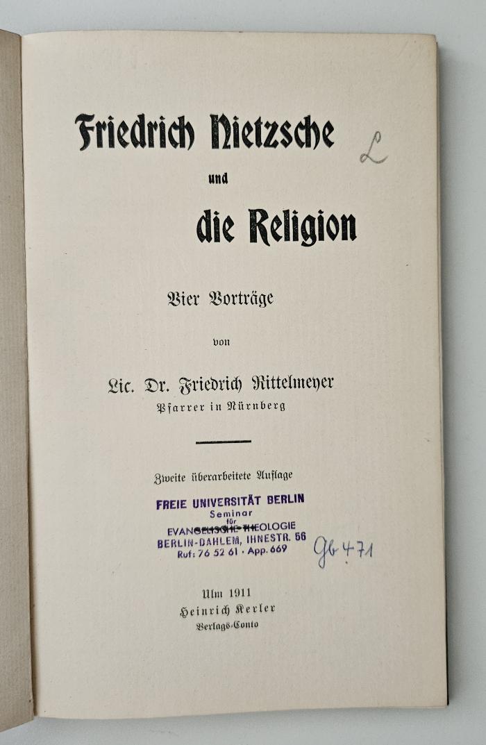 CG 5917 R613(2) : Friedrich Nietzsche und die Religion (1911)
