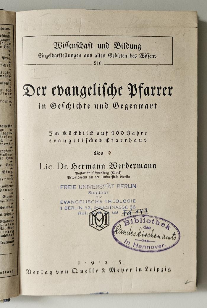 BQ 1740 W485 : Der evangelische Pfarrer in Geschichte und Gegenwart (1925)