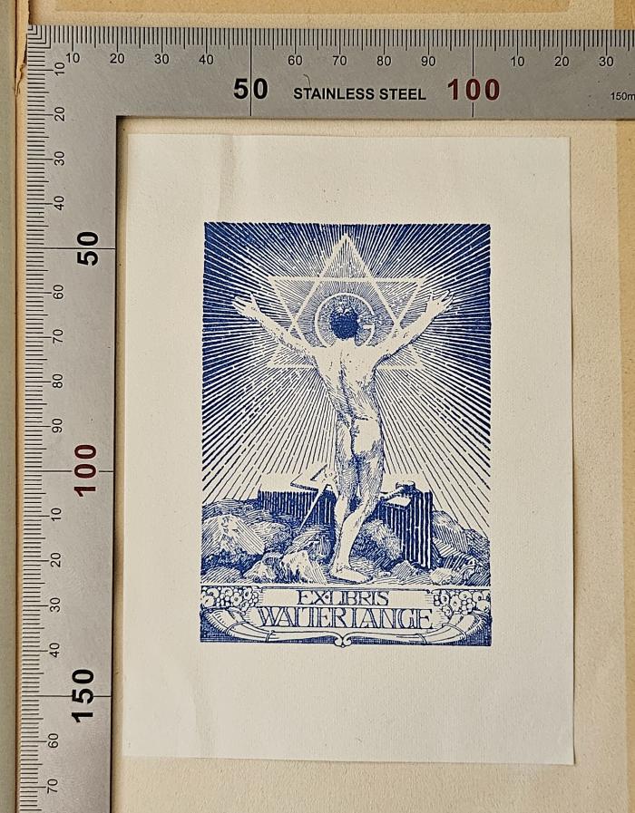 BO 2210 D776 : Die Entstehung des Christentums aus dem Gnostizismus (1924);- (Lange, Walter;Grosse Freimaurerloge zu den Alten Pflichten), Etikett: Exlibris, Name, Abbildung; 'Ex-Libris Walter Lange'.  (Prototyp)