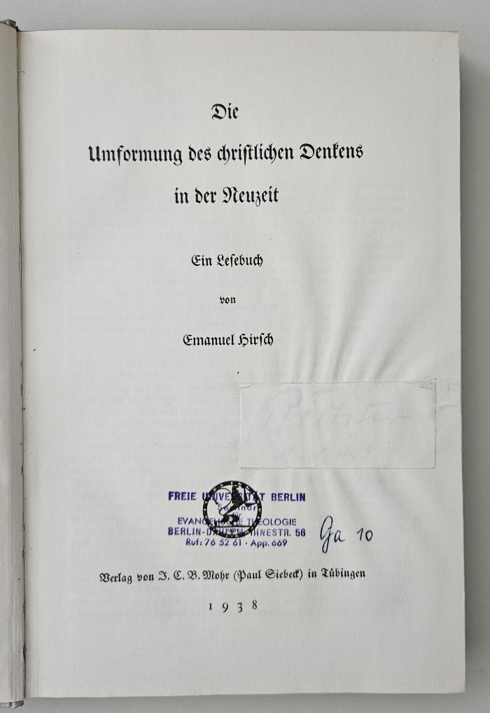 CC 8500 H669 U5 : Die Umformung des christlichen Denkens in der Neuzeit (1938)