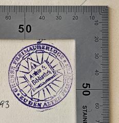 - (Grosse Freimaurerloge zu den Alten Pflichten), Stempel: Berufsangabe/Titel/Branche; 'Grosse Freimaurerloge zu den Alten Pflichten
Archiv & Bibliothek'.  (Prototyp)