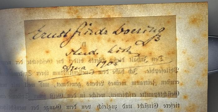 CG 3340.1854-1 : Geschichte der neuern Philosophie (1854);-, Von Hand: Autogramm, Name, Berufsangabe/Titel/Branche, Datum, Ortsangabe; 'Ernst […] [Loering] Stud. [Lit…] [Jena] 1905'