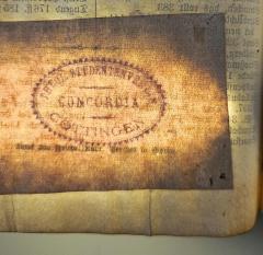 - (Theologische Studentenverbindung Concordia Göttingen), Stempel: Berufsangabe/Titel/Branche, Ortsangabe; 'Theol. Studentenve[rbdg.] Concordia Göttingen'. 