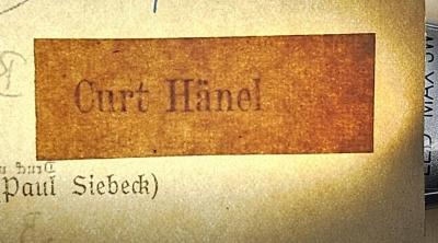Box M 23512 : Die Reform des Strafrechts und die Ethik des Christentums (1905);- (Hänel, Curt), Stempel: Name; 'Curt Hänel'. 