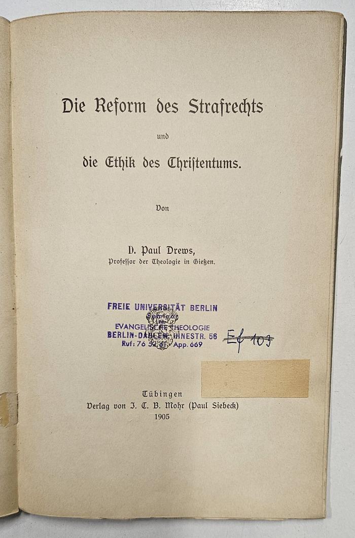 Box M 23512 : Die Reform des Strafrechts und die Ethik des Christentums (1905)