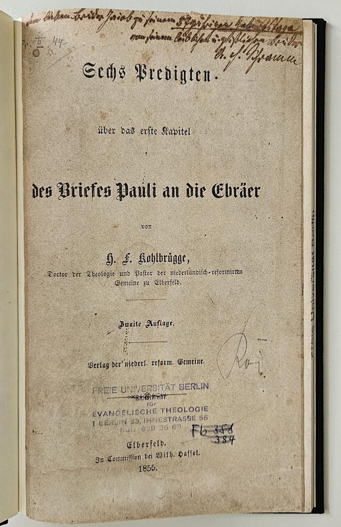 BV 4201 K79 B8(2) : Sechs Predigten über das erste Capitel des Briefes Pauli an die Ebräer (1855)