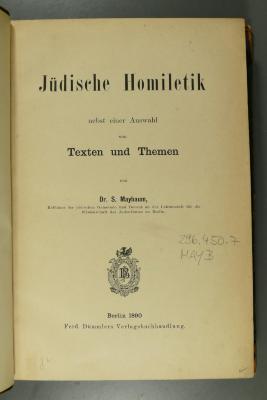 296.450.7 MAYB : Jüdische Homiletik nebst einer Auswahl von Texten und Themen (1890)