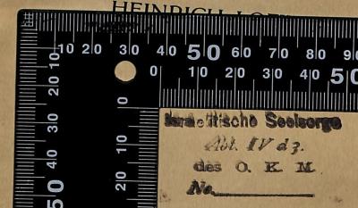 - (Deutsches Reich. Marine. Oberkommando. Israelitische Seelsorge), Stempel: Berufsangabe/Titel/Branche; 'Israelitische Seelsorge 
Abt. IV d 3 
des O.K.M. 
No.'.  (Prototyp)