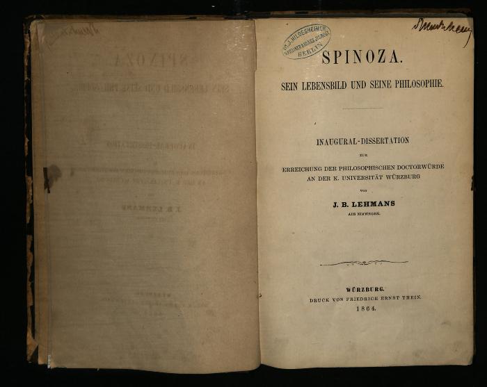 PH II 3297 : Spinoza, sein Lebensbild und seine Philosophie. Dissertation. (1864)