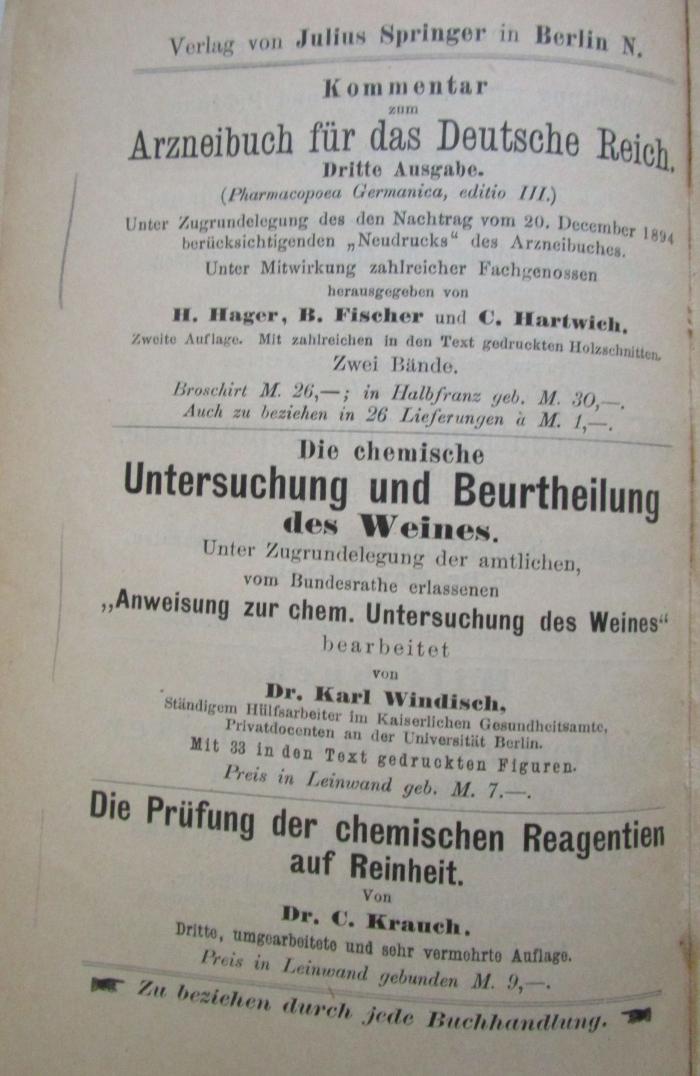 Kp 475: Anleitung zur Erkennung, Prüfung und Wertbestimmung der gebräuchlichsten Chemikalien für den technischen, analytischen und pharmaceutischen Gebrauch (1896);- (unbekannt), Von Hand: Annotation. 