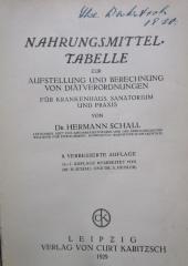 Ko 113 i: Nahrungsmittel-Tabelle zur Aufstellung und Berechnung von Diätverordnungen für Krankenhaus, Sanatorium und Prakis (1929)