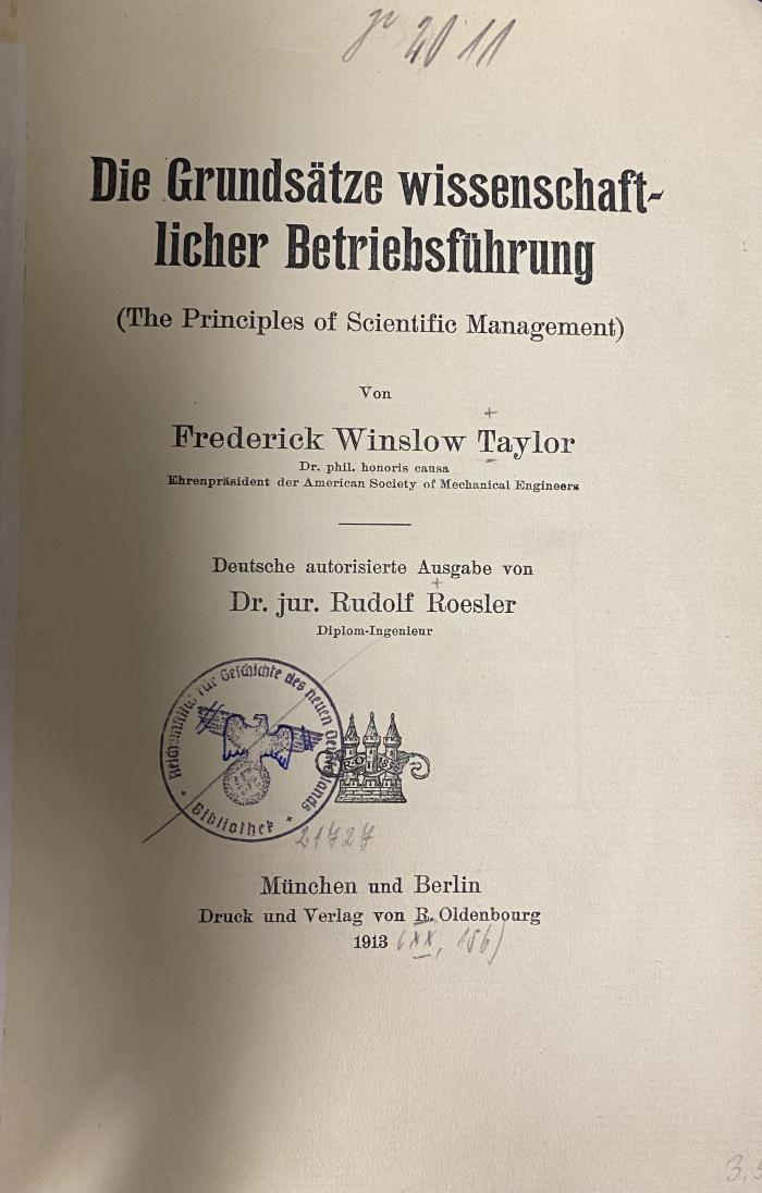 00/11053 : Die Grundsätze wissenschaftlicher Betriebsführung = The principles of scientific management (1913)