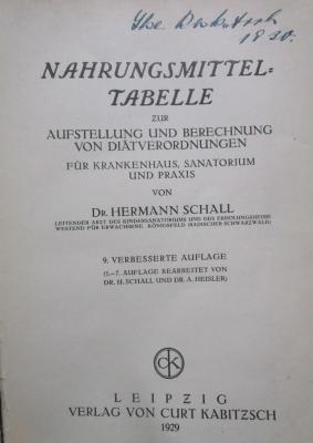 Ko 113 i: Nahrungsmittel-Tabelle zur Aufstellung und Berechnung von Diätverordnungen für Krankenhaus, Sanatorium und Prakis (1929)