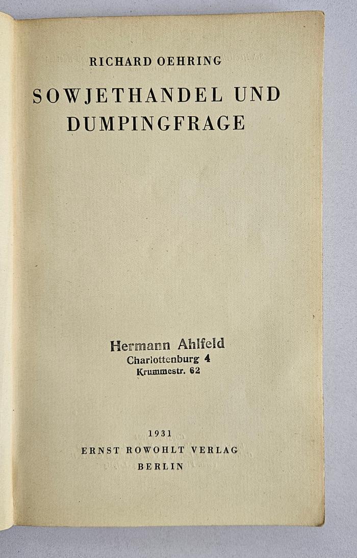 W 331 : Sowjethandel und Dumpingfrage (1931)