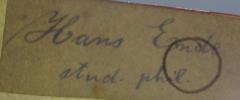 - (Ende, Hans), Von Hand: Autogramm, Name, Berufsangabe/Titel/Branche; 'Hans Ende
stud. phil.'. 