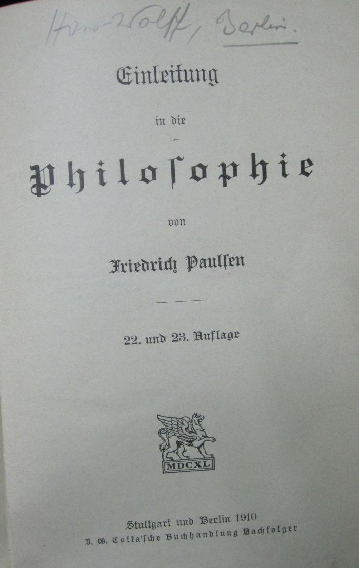 VIII 919 bb-bc 3.Ex.: Einleitung in die Philosophie (1910)
