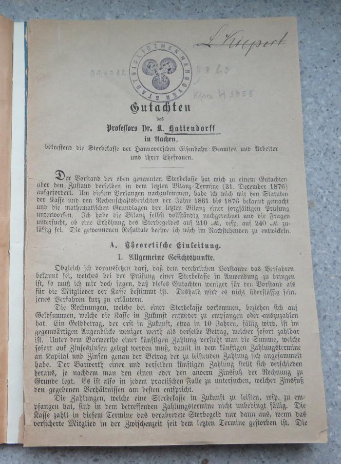 Kps H 5055 : Gutachten betreffend die Sterbekasse der Hannoverschen Eisenbahn-Beamten und Arbeiter und ihrer Ehefrauen. (1878)