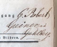- (Greiner, C. Robert), Von Hand: Name, Ortsangabe; 'C. Robert / Greiner in / Gehlberg.'. 
