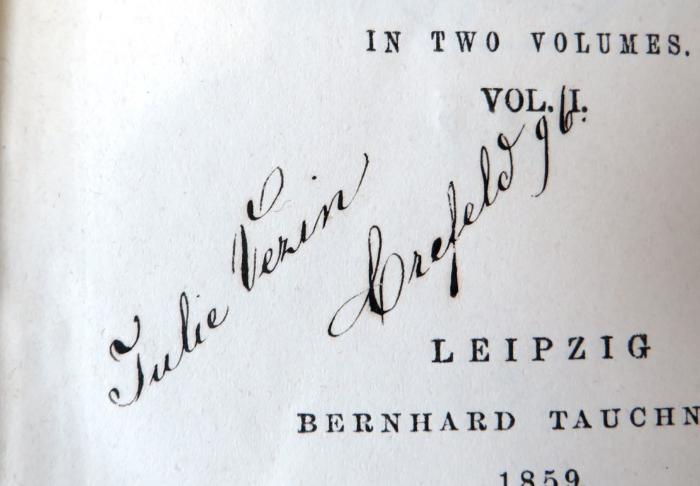 - (Schmidt-Vezin, Julie), Von Hand: Name, Ortsangabe, Datum; 'Julie Vezin / Crefeld 96.'. 