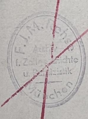 - (F.M.J. Rehse Archiv und Museum f. Zeitgeschichte München;Nationalsozialistische Deutsche Arbeiterpartei. Parteiarchiv;Nationalsozialistische Deutsche Arbeiterpartei. Hauptarchiv), Stempel: Name; 'F. J. M. Rehse Archiv f. Zeitgeschichte u. Publizistik München '.  (Prototyp)