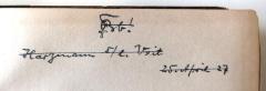 - (Veit, Karl Eduard;Harzmann, [?]), Von Hand: Widmung, Name, Datum; 'Bb[?]! / Harzmann s./l. Veit / 25. April 27'. 