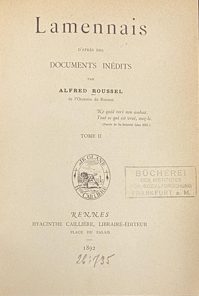 43/414 Bd. 2 : Lamennais d'après des documents inédits (1892)