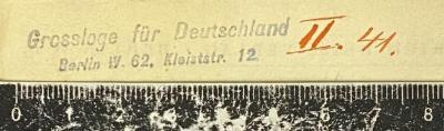 - (Großloge für Deutschland Unabhängiger Orden Bne Briss), Stempel: Name, Ortsangabe; 'Grossloge für Deutschland
Berlin W 62 Kleiststr. 12'. 