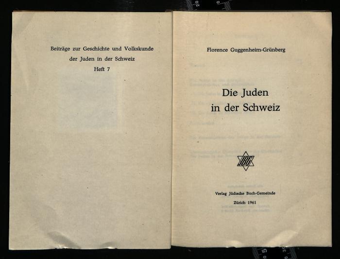 JUD III J 5923 : Beiträge zur Geschichte und Volkskunde der Juden in der Schweiz
 (1961)