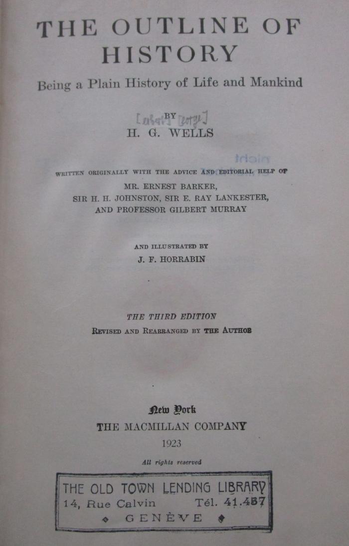 Aa 1396 c: The outline of history : being a plain history of life and mankind (1923)