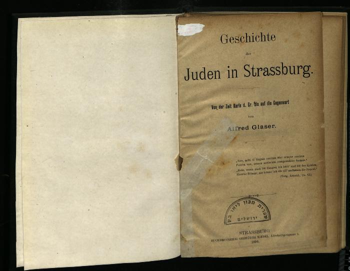 JUD III H 2772 : Geschichte der Juden in Strassburg
 (1904)