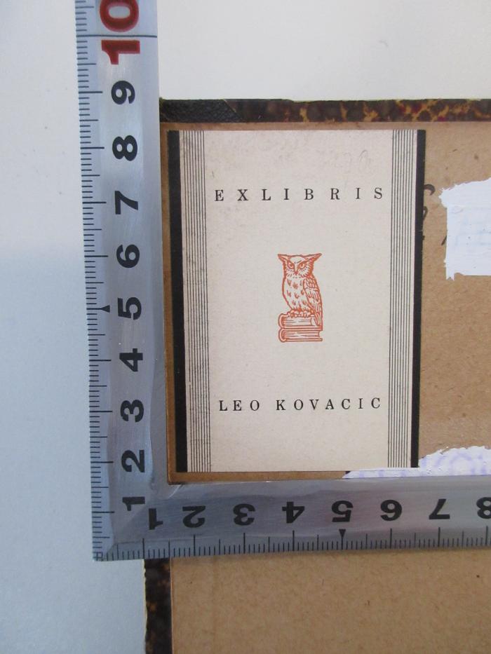 - (Kovačič, Leo), Etikett: Exlibris; 'Exlibris Leo Kovacic'.  (Prototyp)