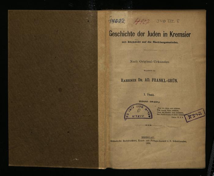 JUD III E 4927 : Geschichte der Juden in Kremsier: mit Rücksicht auf die Nachbargemeinden (1896)