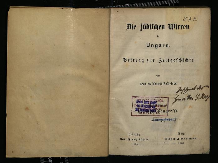 JUD III F 1145 : Die jüdischen Wirren in Ungarn Beitrag zur Zeitgeschichte (1868)