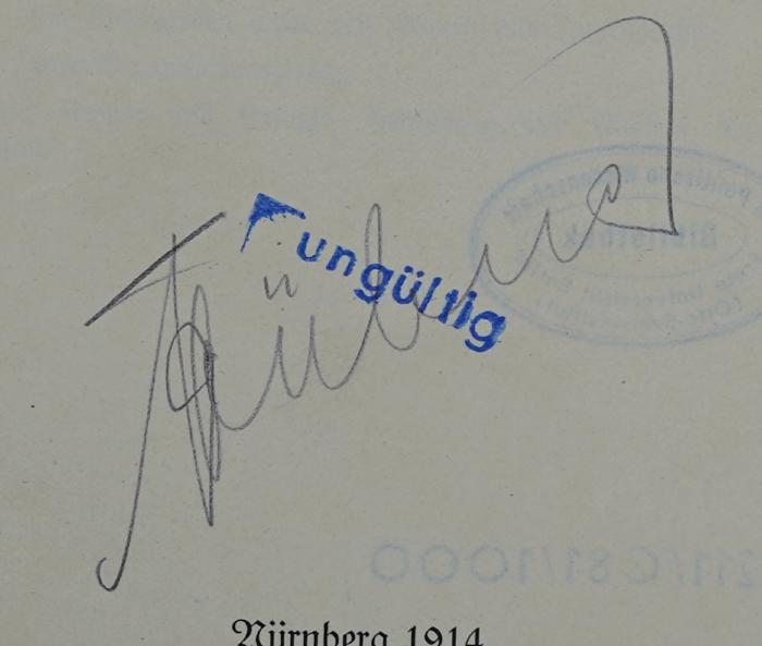 SA 829a : Werben und Werden. Geschichte und System der gewerkschaftlichen Agitation
 (1914);-, Von Hand: Autogramm, Name; '[Th] Hübner'