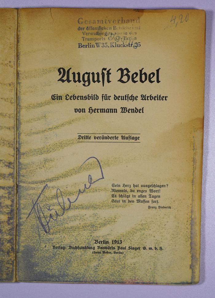 SA 1079 : August Bebel : ein Lebensbild für deutsche Arbeiter (1913)