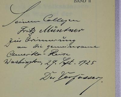 SA 1146 : Arbeit und Volksklassen im Wandel der Geschichte (1925);- (Müntner, Fritz;Furtwängler, Franz Josef), Von Hand: Widmung, Nummer, Datum; 'Seinem Collegen Fritz Müntner zur Erinnerung an die gemeinsame Amerika-Reise. Washington, 29. Sept. 1925; Der Verfasser'. 