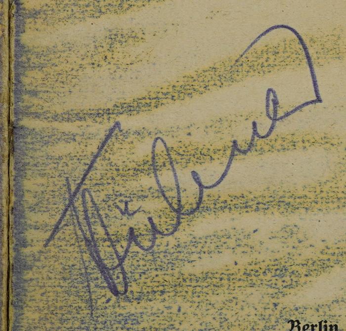 SA 1079 : August Bebel : ein Lebensbild für deutsche Arbeiter (1913);- (Hübner, [Th.]?), Von Hand: Autogramm, Name; '[Th.] Hübner'. 