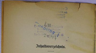 SA 1079 : August Bebel : ein Lebensbild für deutsche Arbeiter (1913);- (Gewerkschaft öffentliche Dienste Transport und Verkehr Bezirksleitung Berlin), Stempel: Berufsangabe/Titel/Branche, Name, Signatur; 'Gewerkschaft öffentliche Dienste Transport und Verkehr Bezirksleitung Berlin
Berlin W 15, Schlüterstr. 45
Z[32]/917'. 