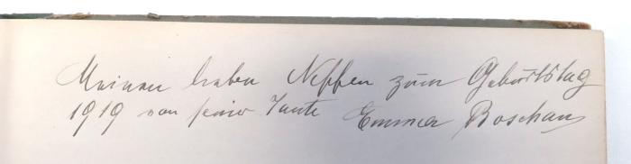 - (Boschan, Emma;unbekannt), Von Hand: Widmung; 'Meinem lieben Neffe zum geburtstag / 1919 von seiner Tante Emma Boschan'. 